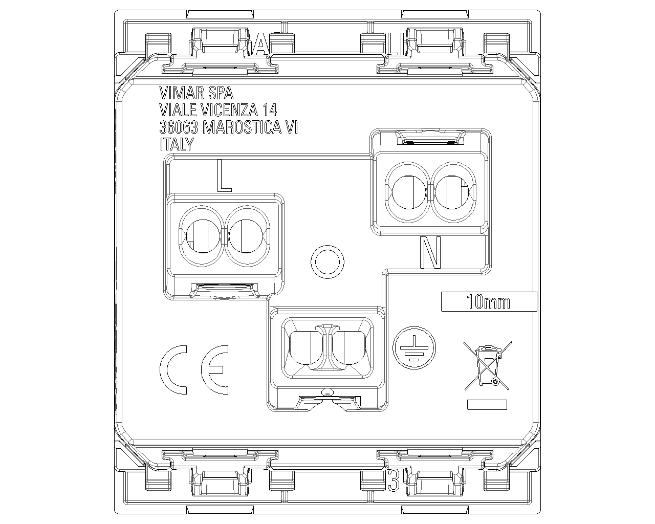 Presa SICURY 2P+T 16 A 250 V~ standard euroamericano polarizzato 2 moduli Vimar Linea 30248.B/G/C Presa SICURY 2P+T 16 A 250 V~ standard euroamericano polarizzato 2 moduli Vimar Linea 30248.B/G/C